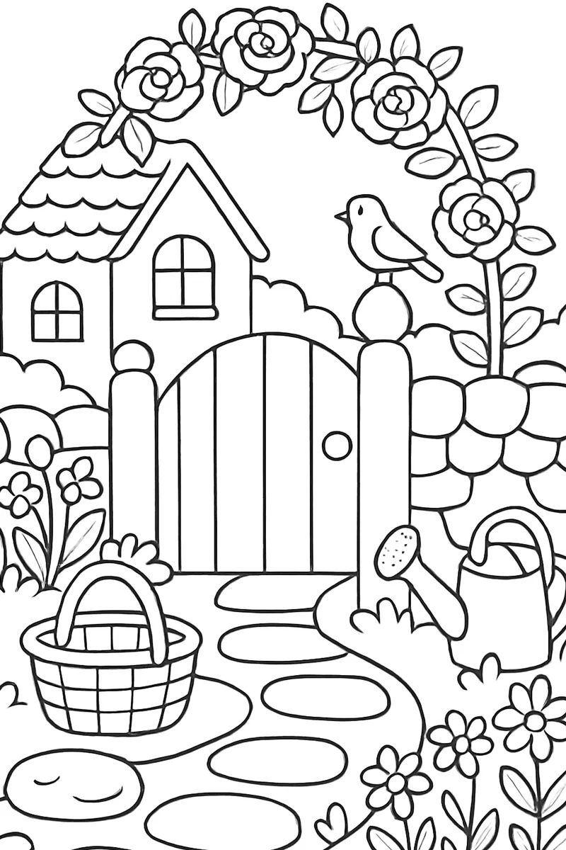 Detailed coloring page of a cottage garden gate under an arch of roses