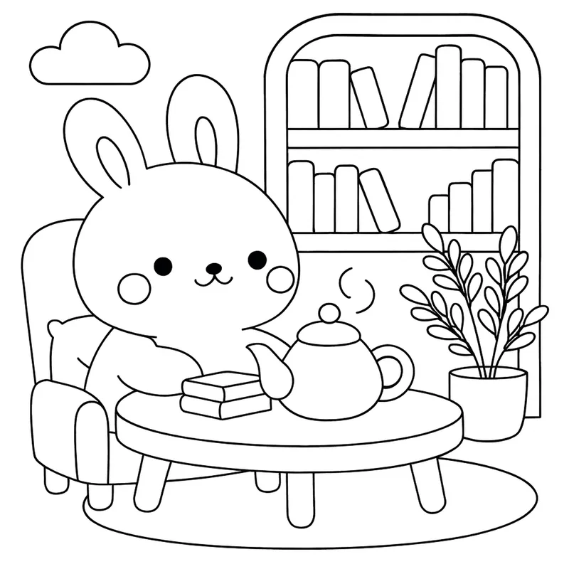 Coloring page of a rabbit having tea in an armchair