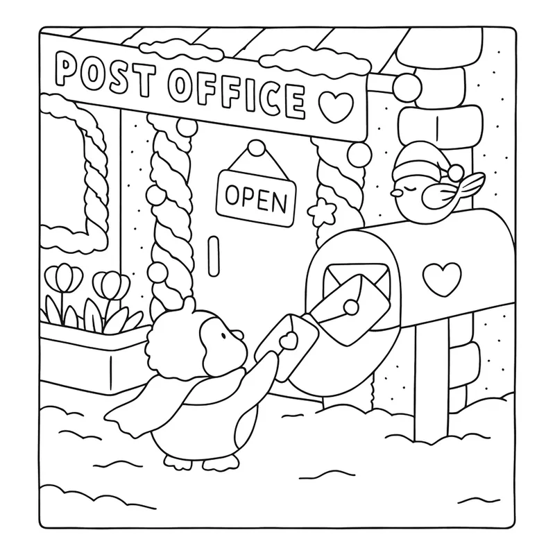 Coloring page of a penguin mailing a letter at a snowy post office